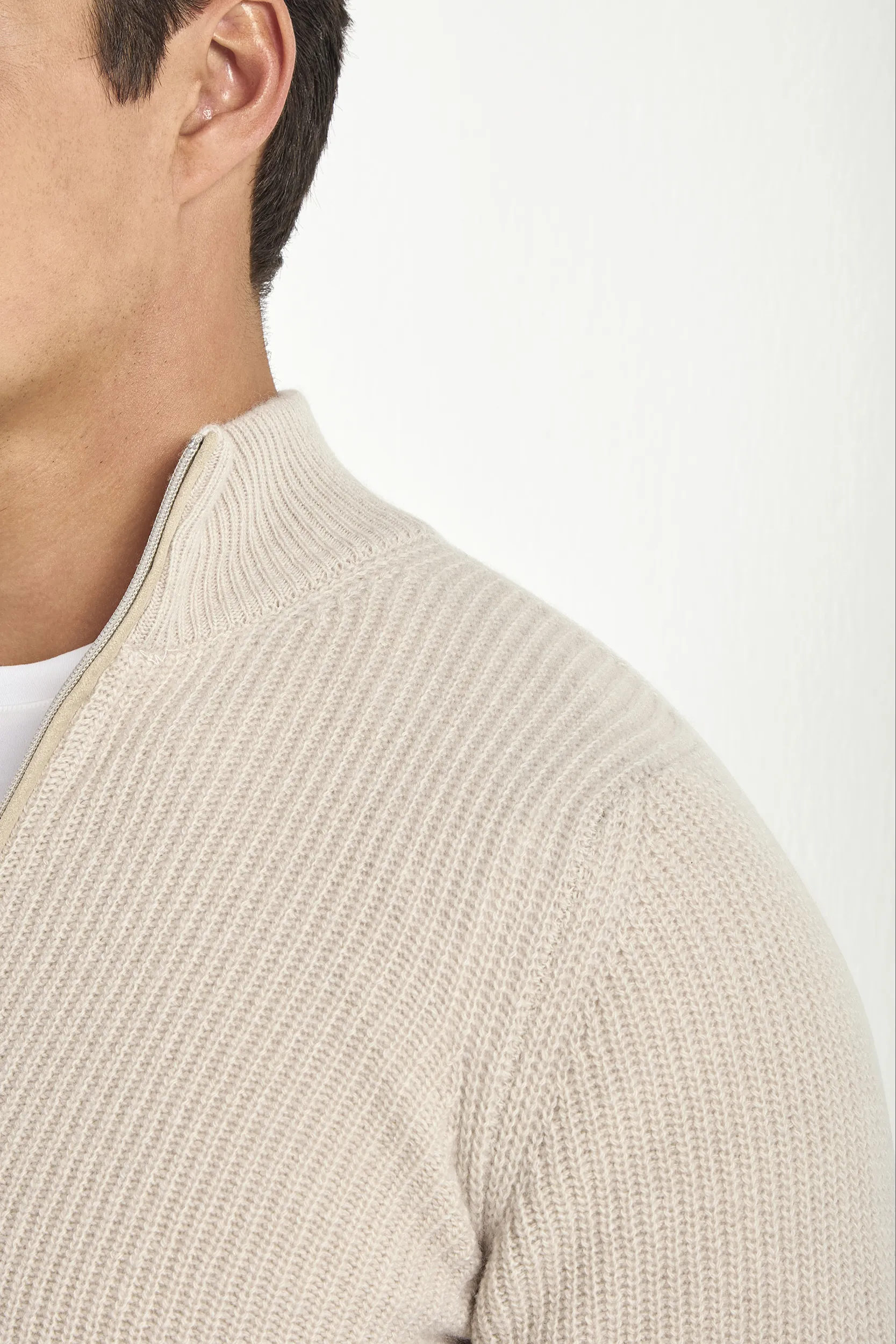 Beige ribbed cashmere blend full zip – Made in Italy - Image 4