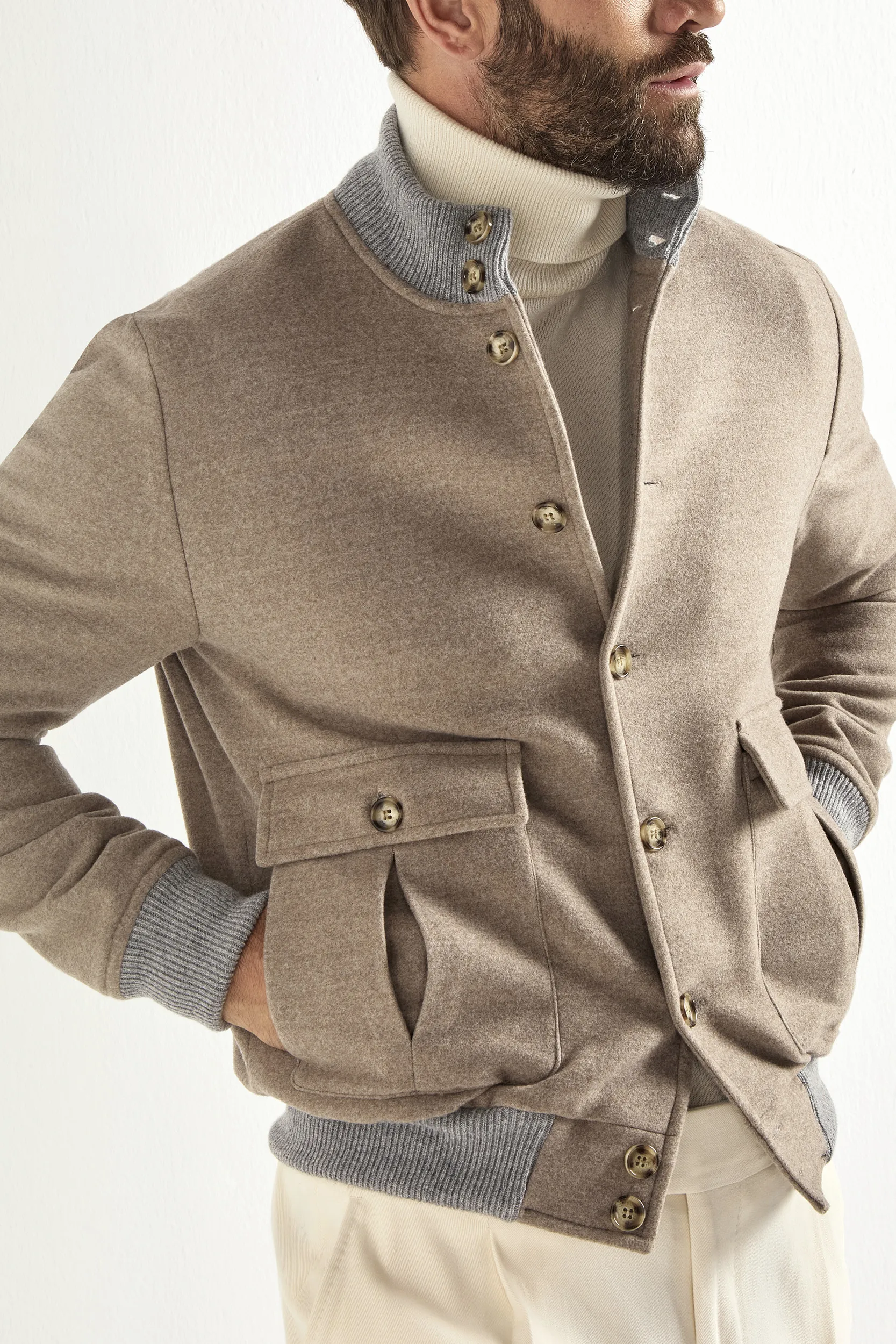 Beige Super 180's wool flannel bomber jacket – Made in Italy - Image 3