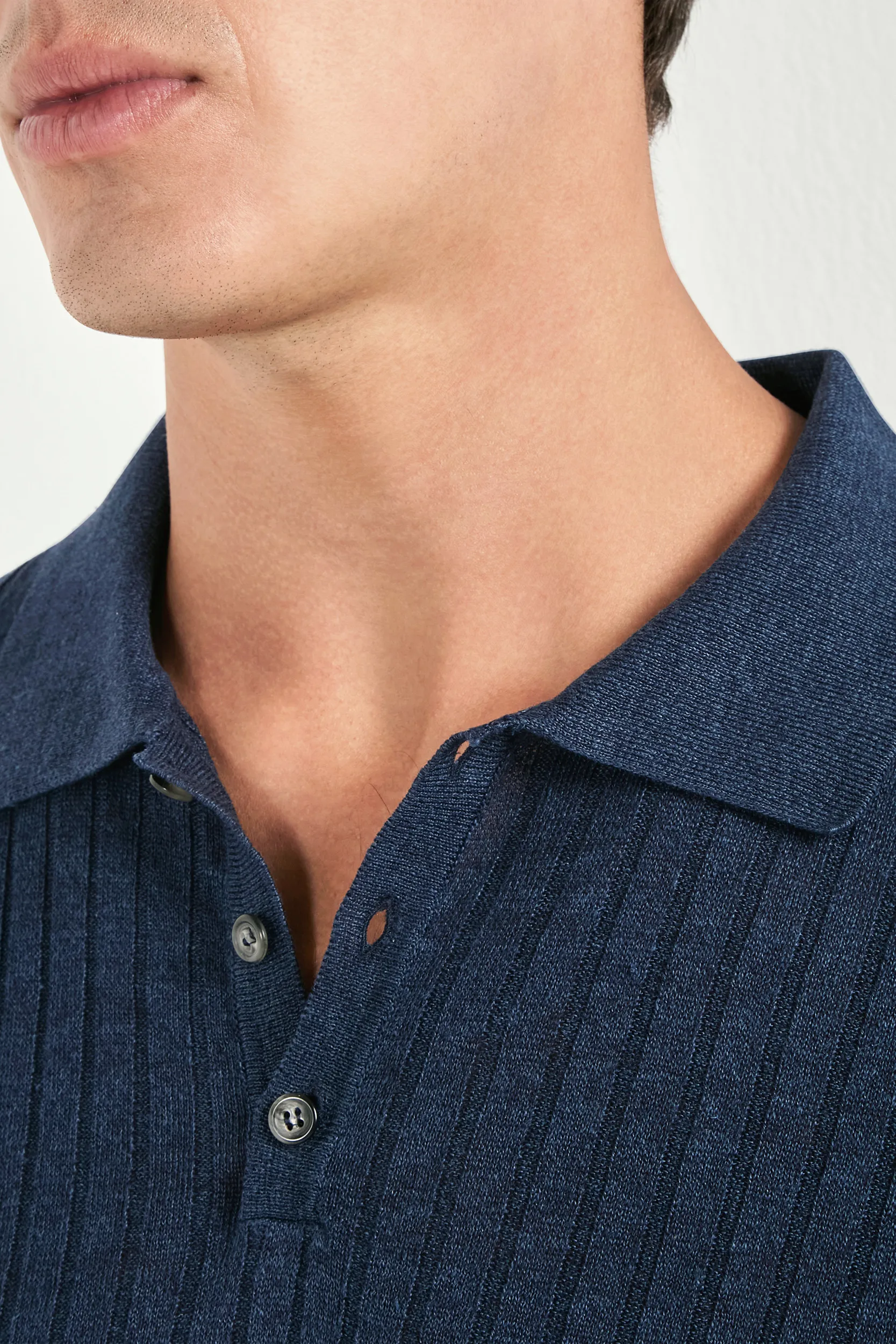 Blue cotton and linen ribbed polo - Made in Italy - Image 3