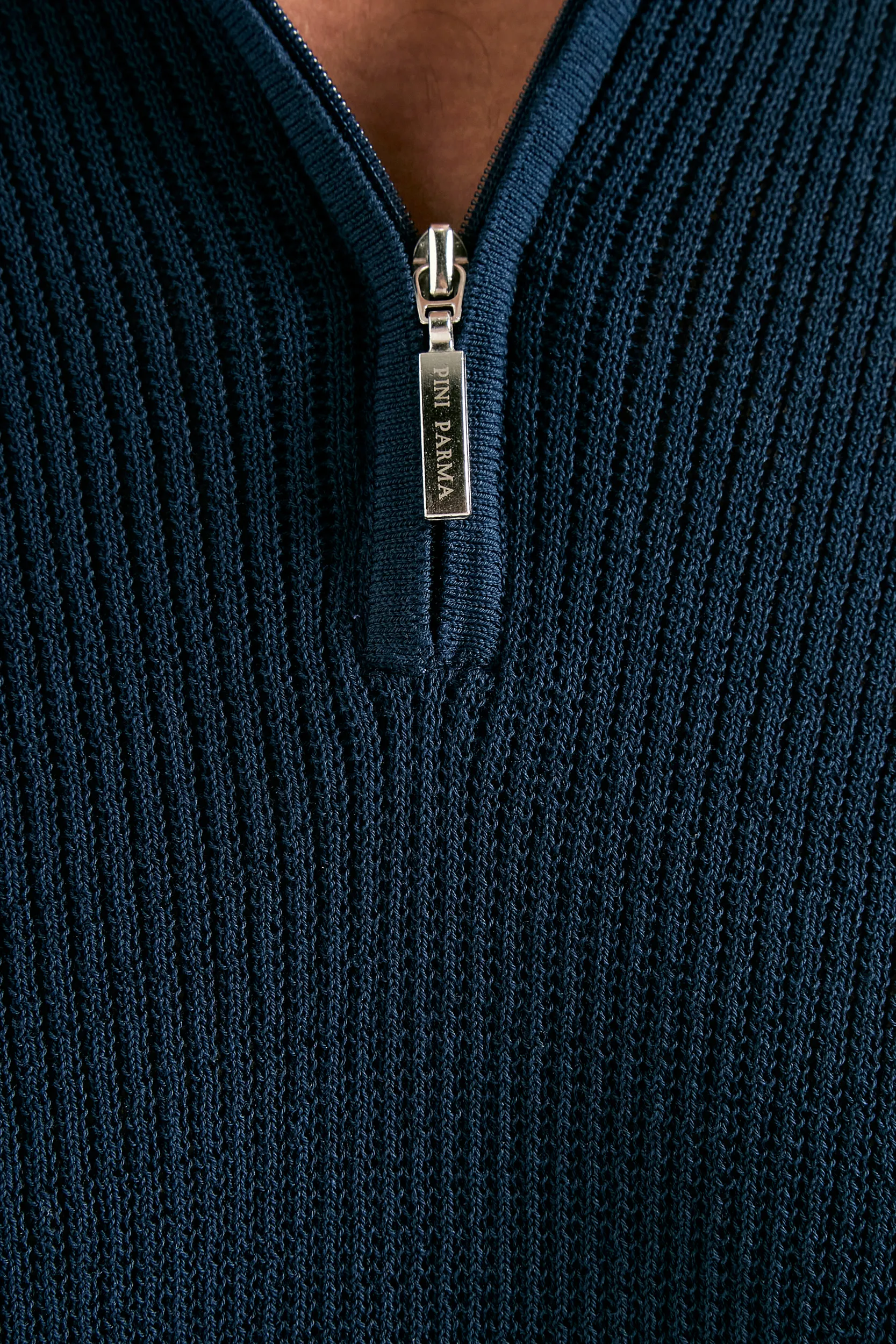 Blue ribbed zipped polo - Made in Italy - Image 2