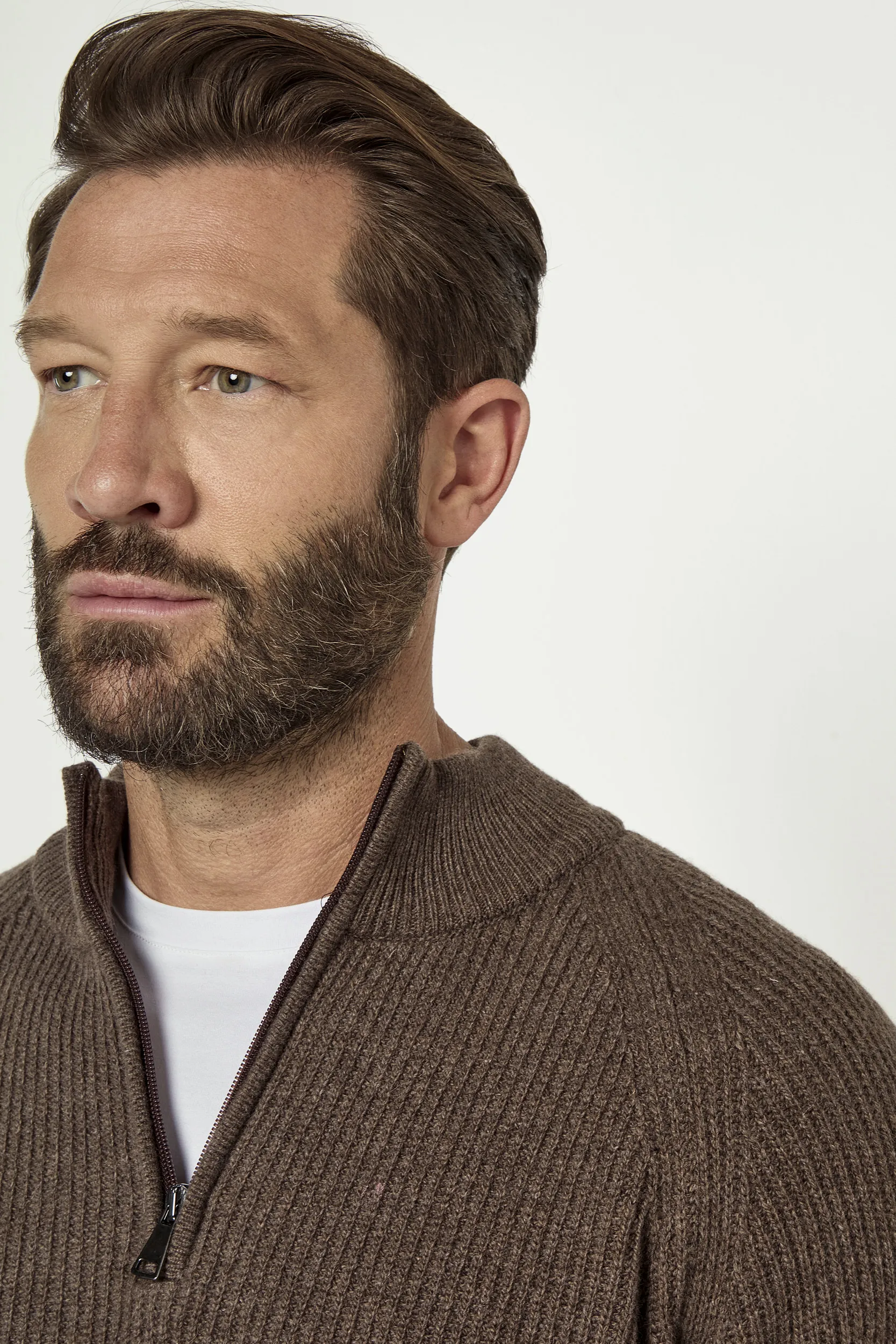 Brown cashmere blend ribbed half zip - Made in Italy - Image 3
