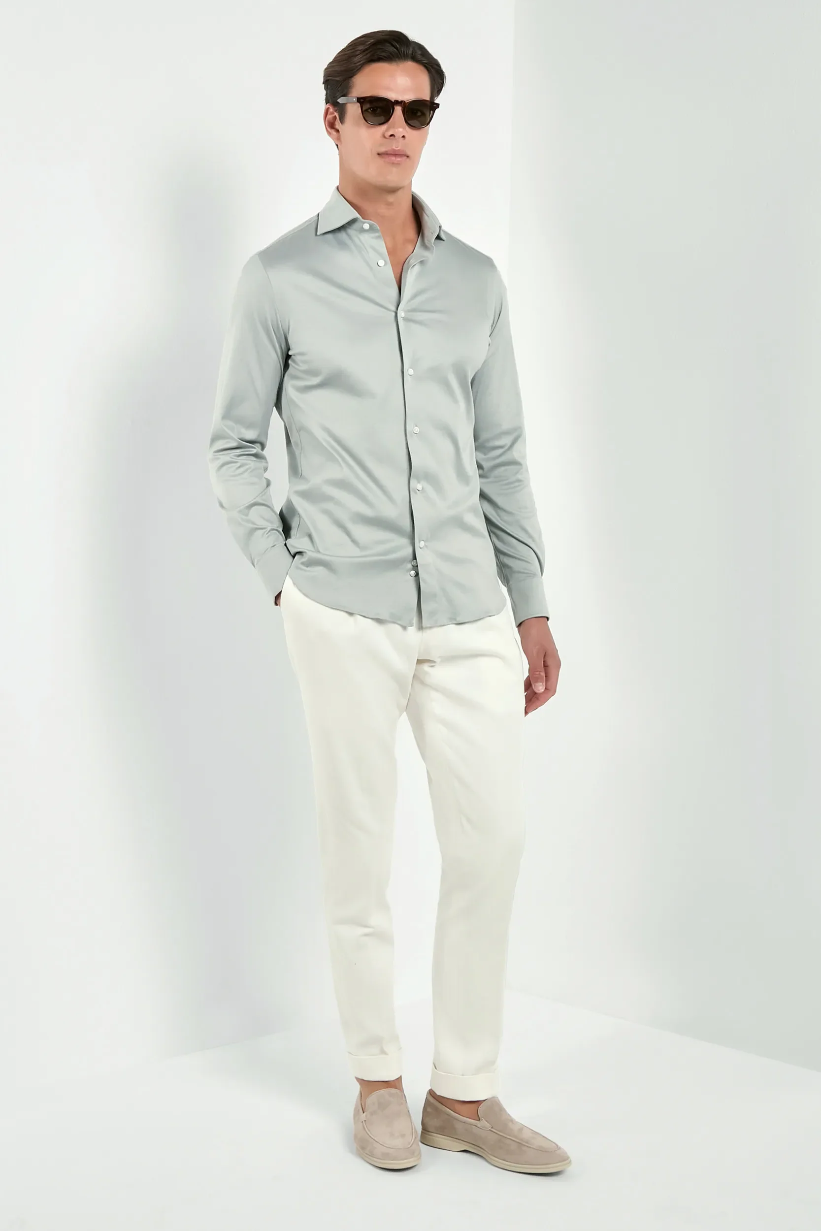 Light sage mercerised cotton shirt - Made in Italy - Image 4