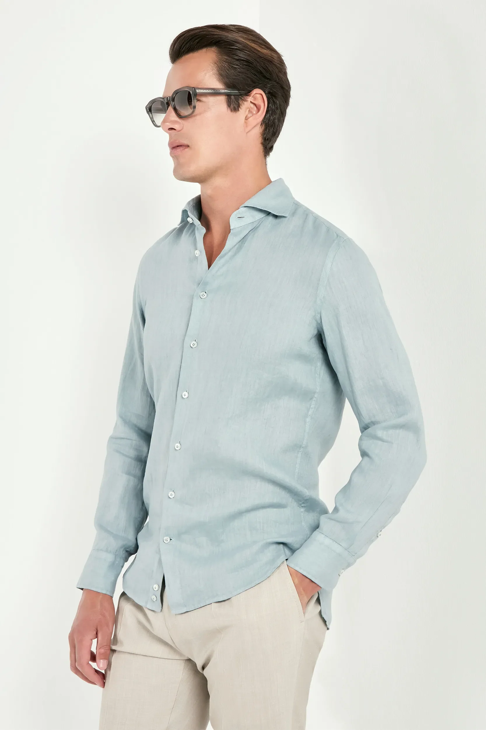 Light teal garment dyed linen shirt - Made in Italy - Image 3