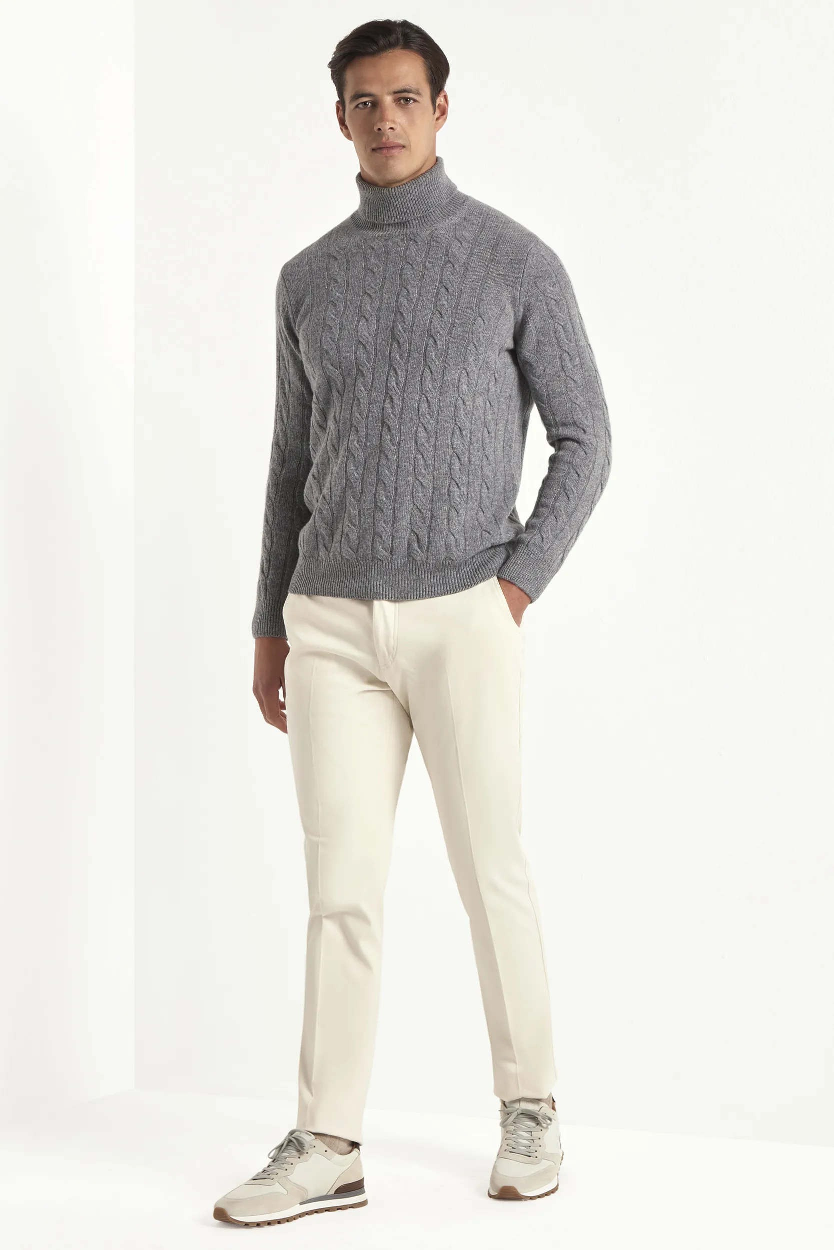 Mid grey cable knit turtleneck – Made in Italy - Image 2