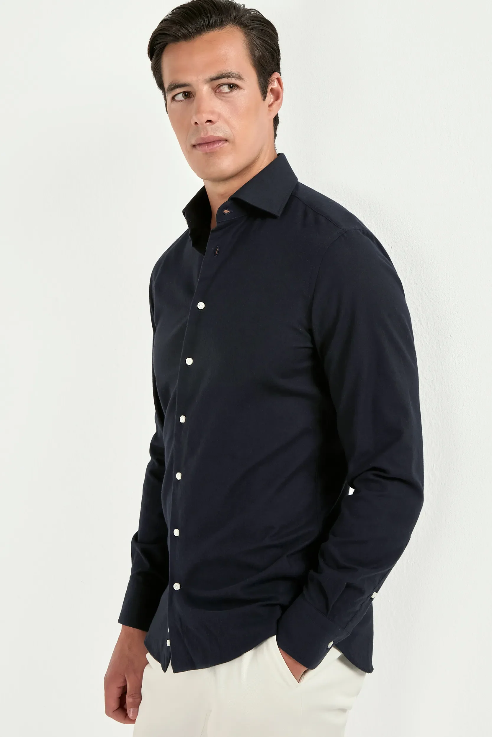 Navy brushed cotton shirt - Made In Italy