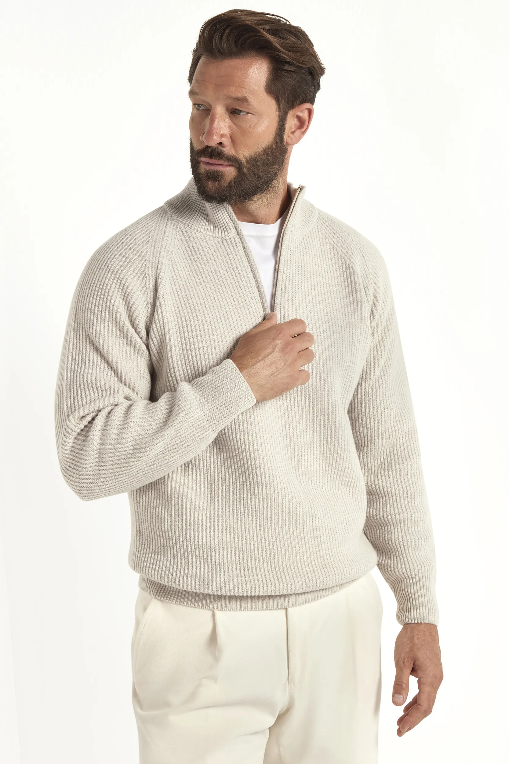 Sand cashmere blend ribbed half zip - Made in Italy