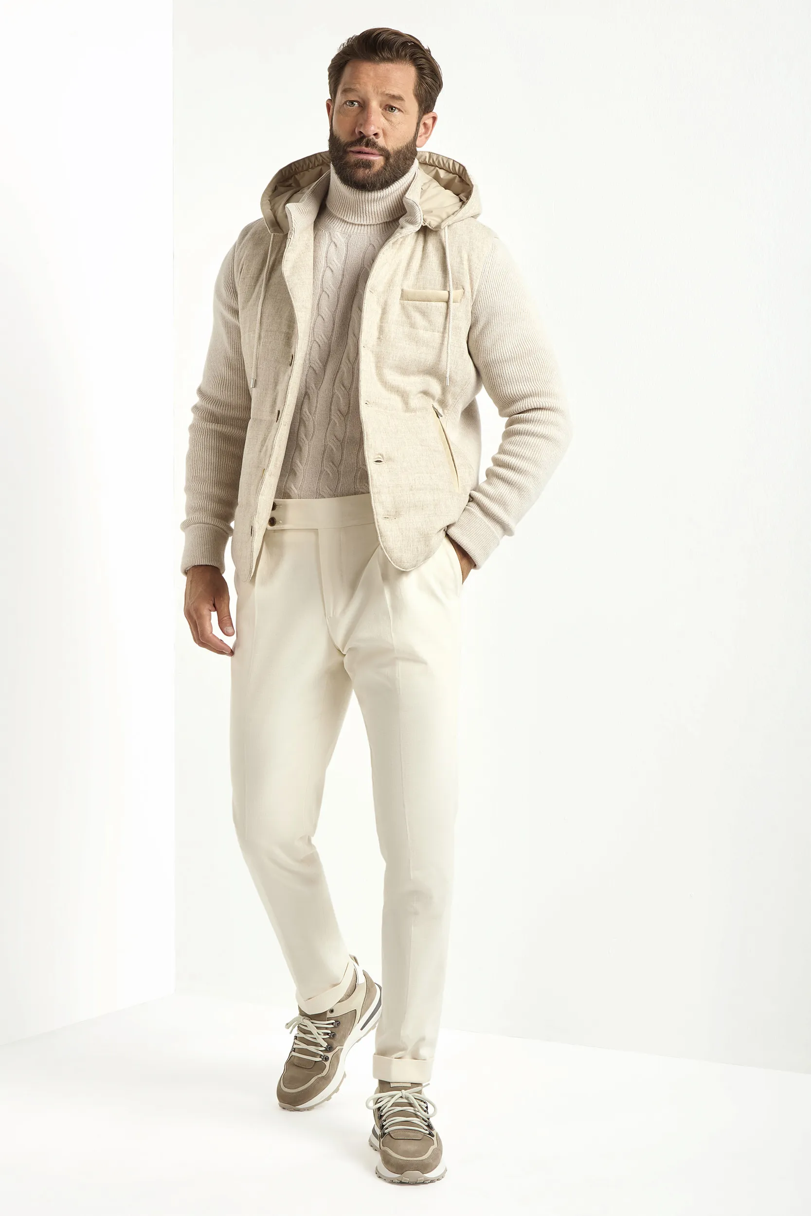Sand flannel and knit hooded jacket - Made in Italy - Image 4
