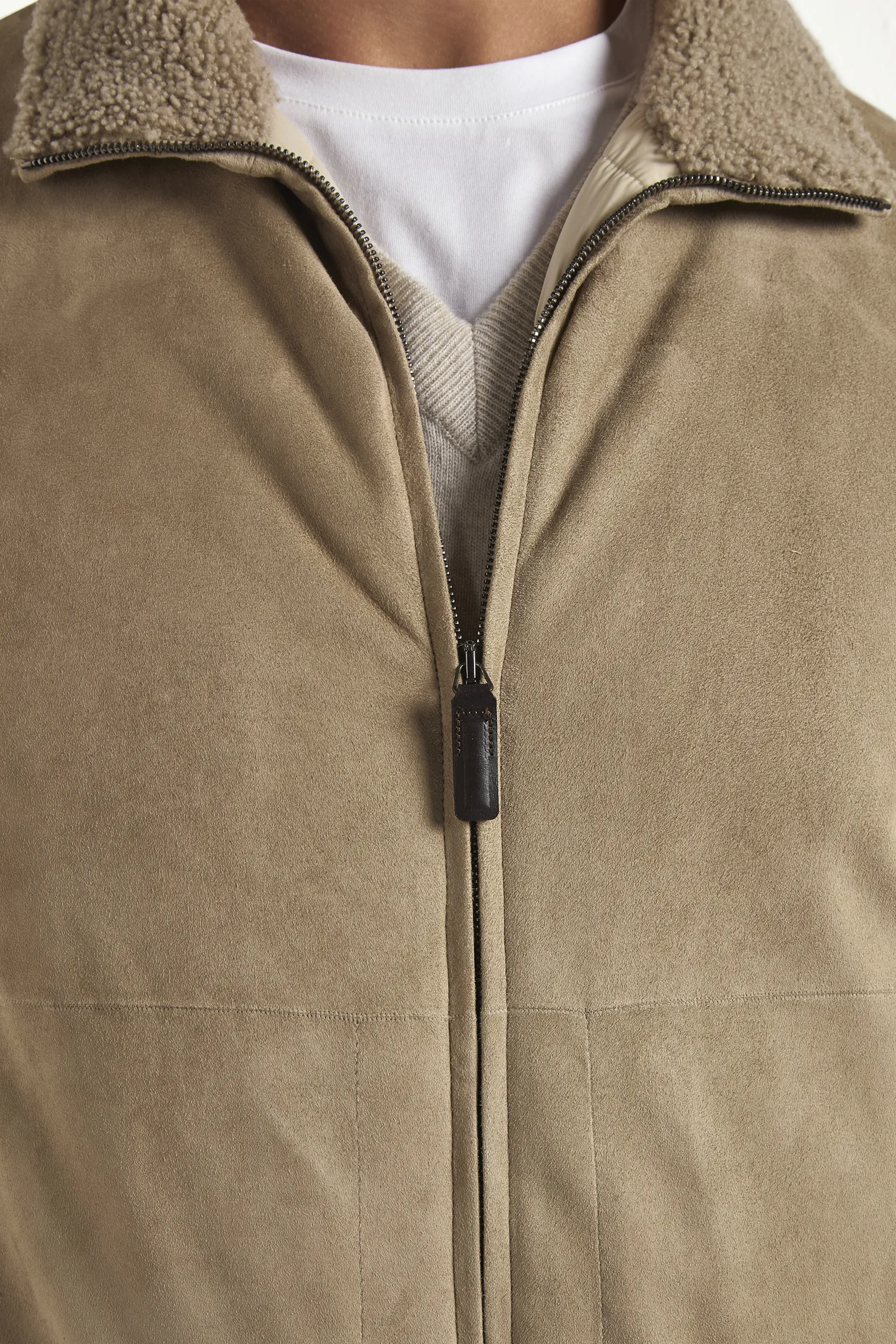 Taupe suede bomber with shearling collar - Made in Italy - Image 3