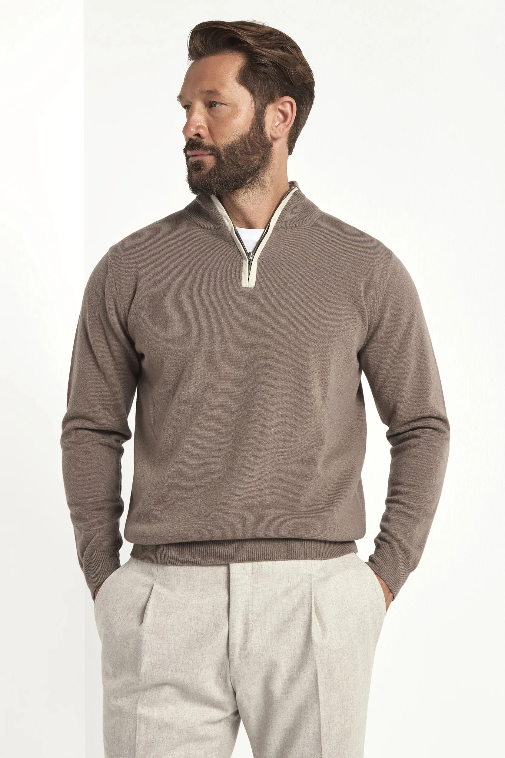 Taupe wool and cashmere half zip - Made in Italy