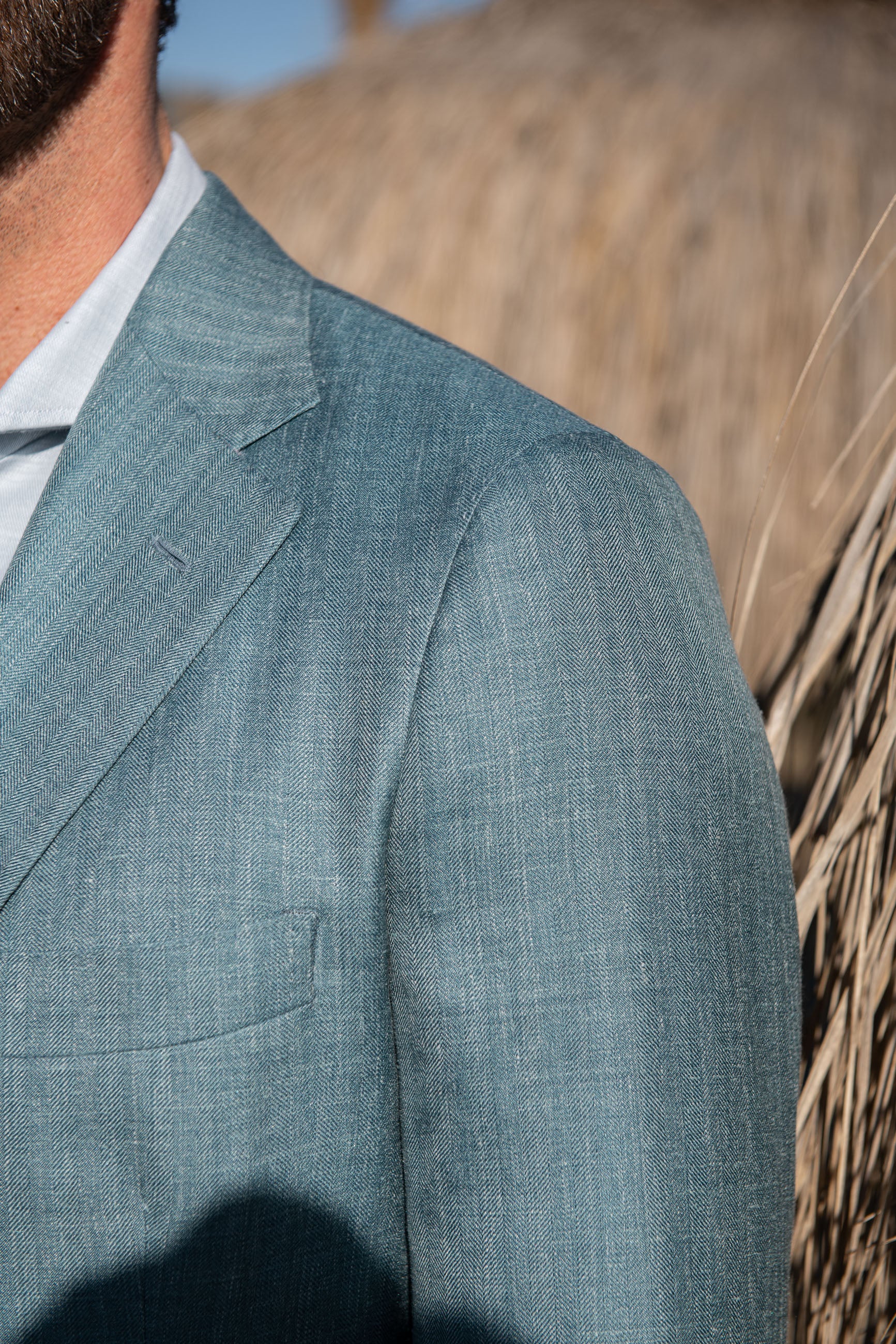 Water green herringbone jacket in wool silk and linen - Made in Italy - Image 3